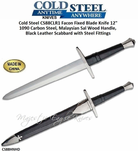 Cold Steel CS88HNHD Hand-and-a-Half Dagger 14.25" Carbon Steel Blade Leather/Wood Scabbard w/ Steel Fittings