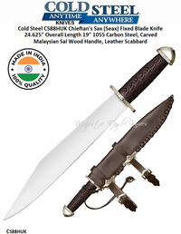  Cold Steel CS88HUK Chieftain's Sax (Seax) Fixed Blade Knife 19" Overall 13-5/8" 1055 Carbon Steel, Carved Malaysian Sal Wood Handle, Leather Scabbard