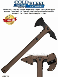 Cold Steel CS90PTHF Trench Hawk Drop Forged 1055 Carbon Steel Combat Tomahawk 19" Overall, Polypropylene Handle Durable Secure-Ex Dark Earth Sheath Weight 29.0 oz.