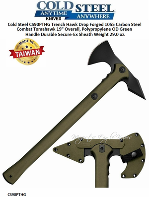 Cold Steel CS90PTHG Trench Hawk Drop Forged 1055 Carbon Steel Combat Tomahawk 19" Overall, Polypropylene OD Green Handle Durable Secure-Ex Sheath Weight 29.0 oz.