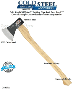 Cold Steel CS90TA 4-1/2" Cutting Edge Trail Boss Adult Axe, 1055 Drop Forged High Carbon, Stainless Steel, Head, Straight-Grained American Hickory Handle