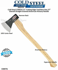 Cold Steel CS90TA 4-1/2" Cutting Edge Trail Boss Adult Axe, 1055 Drop Forged High Carbon, Stainless Steel, Head, Straight-Grained American Hickory Handle