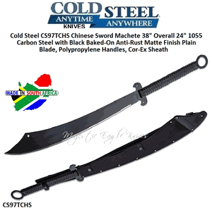 Cold Steel CS97TCHS Chinese Sword Machete 38" Overall 24" 1055 Carbon Steel w/Black Baked-On Anti-Rust Matte Finish Plain Blade, Polypropylene Handles, Cor-Ex Sheath