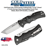 Cold Steel CSFL-C3TSS Verdict Folding Knife 7-3/16" Closed 3" 4116 German Steel Stonewashed Tanto Plain Blade, Black GFN Handles, Lockback 