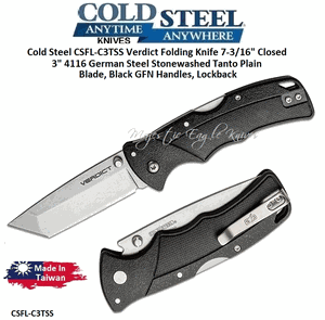 Cold Steel CSFL-C3TSS Verdict Folding Knife 7-3/16" Closed 3" 4116 German Steel Stonewashed Tanto Plain Blade, Black GFN Handles, Lockback 