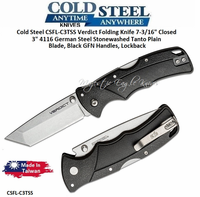Cold Steel CSFL-C3TSS Verdict Folding Knife 7-3/16" Closed 3" 4116 German Steel Stonewashed Tanto Plain Blade, Black GFN Handles, Lockback 