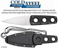 Cold Steel Cutlery CS11SDT Secret Edge Neck Knife 3-1/2" Japanese AUS 8A Stainless Steel Plain Edge Blade, Kraton Handle Secure-Ex� Neck Sheath