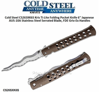 Cold Steel Cutlery CS26SXK6S Kris Ti-Lite Folding Pocket Knife 6" Japanese AUS-10A Stainless Steel Serrated Blade, FDE Griv-Ex Handles