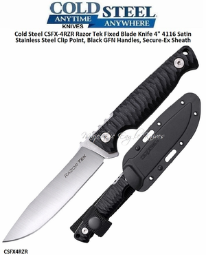Cold Steel Cutlery CSFX-4RZR Razor Tek Fixed Blade Knife 4" 4116 Satin Stainless Steel Clip Point, Black GFN Handles, Secure-Ex Sheath 