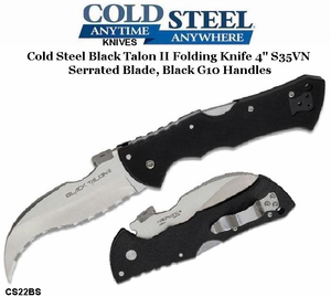 Cold Steel Knives CS22BS Black Talon II Folding Knife 4" S35VN Serrated Blade, Black G10 Handles Cold Steel Knives CS22BS Black Talon II Folding Knife 4" S35VN Serrated Blade, Black G10 Handles