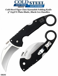 Cold Steel Knives CS22C Tiger Claw Karambit Folding Knife 3" S35VN Plain Blade, Black G10 Handles