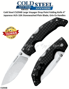 Cold Steel Knives Cold Steel CS29AB Large Voyager Drop Point Folding Knife 4" Japanese AUS-10A Stonewashed Plain Blade, Griv-Ex Handles