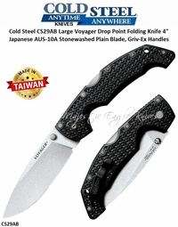 Cold Steel Knives Cold Steel CS29AB Large Voyager Drop Point Folding Knife 4" Japanese AUS-10A Stonewashed Plain Blade, Griv-Ex Handles