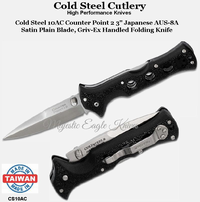 Cold Steel Knives CS10AC Cold Steel 10AC Counter Point 2 3" Japanese AUS-8A Satin Plain Blade, Griv-Ex Handled Folding Knife 
