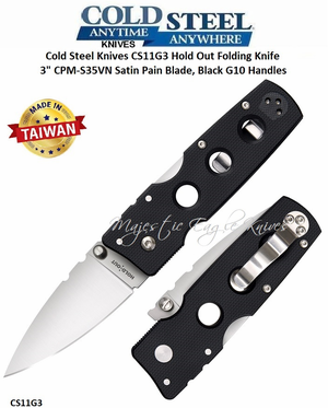 Cold Steel Knives CS11G3 Hold Out Folding Knife 3" CPM-S35VN Satin Plain Blade, Black G10 Handles