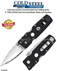Cold Steel Knives CS11G3S Hold Out Folding Knife 3" CPM-S35VN Satin Serrated Blade, Black G10 Handles