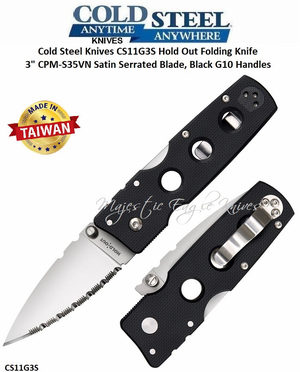 Cold Steel Knives CS11G3S Hold Out Folding Knife 3" CPM-S35VN Satin Serrated Blade, Black G10 Handles
