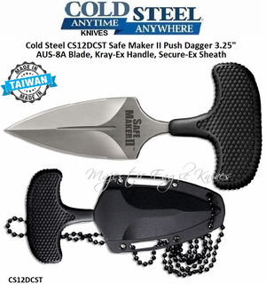Cold Steel Knives CS12DCST Safe Maker II Knife 3-1/4" AUS 8A Double Edge Push Dagger Kray-Ex T Handle Secure-Ex boot/belt sheath is included