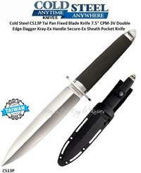 Cold Steel Knives CS13P Tai Pan Fixed Blade Knife 7-1/2" CPM-3V Double Edge Dagger Kray-Ex Handle Secure-Ex Sheath Pocket Knife