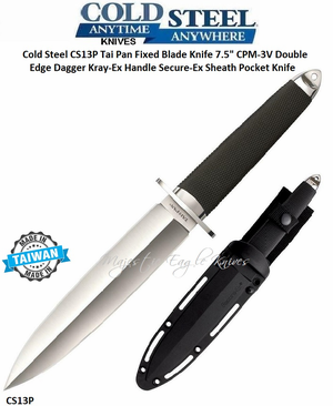 Cold Steel Knives CS13P Tai Pan Fixed Blade Knife 7-1/2" CPM-3V Double Edge Dagger Kray-Ex Handle Secure-Ex Sheath Pocket Knife