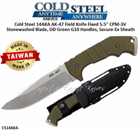 Cold Steel Knives CS14AKA AK-47 Field Knife Fixed 5.5" CPM-3V Stonewashed Plain Blade, OD Green G10 Handles, Secure-Ex Sheath