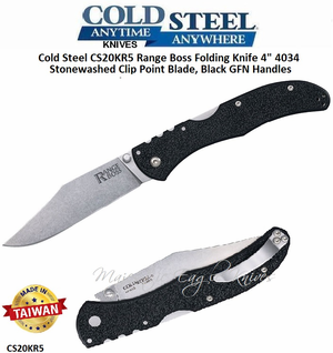 Cold Steel Knives CS20KR5 Range Boss Folding Knife 4" 4034 Stonewashed Clip Point Plain Blade, Black GFN Handles