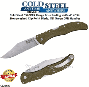 Cold Steel Knives CS20KR7 Range Boss Folding Knife 4" 4034 Stonewashed Clip Point Plain Blade, OD Green GFN Handles