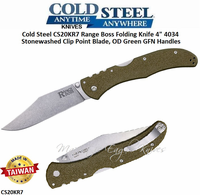 Cold Steel Knives CS20KR7 Range Boss Folding Knife 4" 4034 Stonewashed Clip Point Plain Blade, OD Green GFN Handles