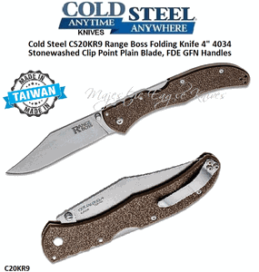 Cold Steel Knives CS20KR9 Range Boss Folding Pocket Knife 4" 4034 Stonewashed Clip Point Plain Blade, FDE GFN Handles