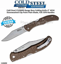 Cold Steel Knives CS20KR9 Range Boss Folding Pocket Knife 4" 4034 Stonewashed Clip Point Plain Blade, FDE GFN Handles