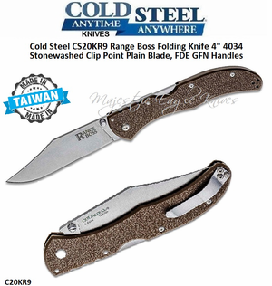 Cold Steel Knives CS20KR9 Range Boss Folding Pocket Knife 4" 4034 Stonewashed Clip Point Plain Blade, FDE GFN Handles