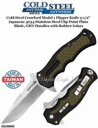 Cold Steel Knives CS20MWC Cold Steel Crawford Model 1 Flipper Knife 3-1/2" Japanese 4034 Stainless Steel Clip Point Plain Blade, GRN Handles with Rubber Inlays