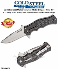 Cold Steel Knives CS20MWCB Crawford Model 1 Flipper Knife 3.5" 4.116 Clip Point Plain Blade, GRN Handles with Black Rubber Inlays