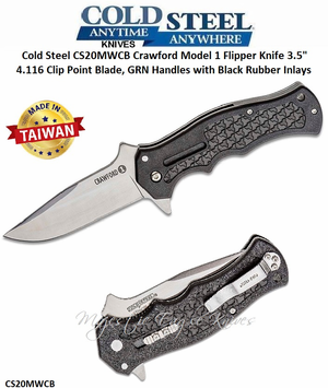 Cold Steel Knives CS20MWCB Crawford Model 1 Flipper Knife 3.5" 4.116 Clip Point Plain Blade, GRN Handles with Black Rubber Inlays