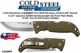 Cold Steel Knives CS20NPF Finn Wolf Folding Pocket Knife 3-1/2" Japanese AUS-8 Stainless Steel Plain Blade, OD Green Griv-Ex Handles