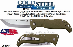 Cold Steel Knives CS20NPF Finn Wolf Folding Pocket Knife 3-1/2" Japanese AUS-8 Stainless Steel Plain Blade, OD Green Griv-Ex Handles