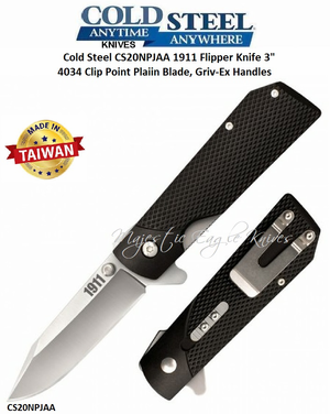 Cold Steel Knives CS20NPJAA 1911 Flipper Knife 3" 4034 Clip Point Plain Blade, Griv-Ex Handles Cold Steel Knives CS20NPJAA 1911 Flipper Knife 3" 4034 Clip Point Plain Blade, Griv-Ex Handles
