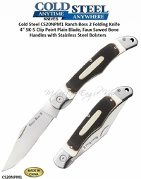 Cold Steel Knives CS20NPM1 Ranch Boss 2 Folding Knife 4" SK-5 Clip Point Plain Blade, Faux Sawed Bone Handles with Stainless Steel Bolsters