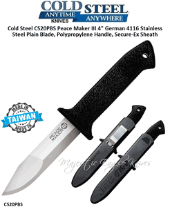 Cold Steel Knives CS20PBS Peace Maker III 4" 4116 Stainless Steel Plain Blade, High Impact Polypropylene Handle, Secure-Ex Sheath