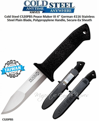 Cold Steel Knives CS20PBS Peace Maker III 4" 4116 Stainless Steel Plain Blade, High Impact Polypropylene Handle, Secure-Ex Sheath