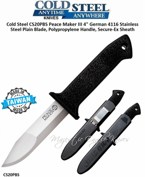 Cold Steel Knives CS20PBS Peace Maker III 4" 4116 Stainless Steel Plain Blade, High Impact Polypropylene Handle, Secure-Ex Sheath