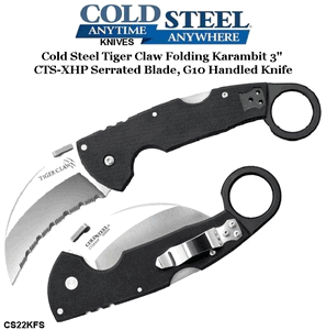  Cold Steel Knives CS22KFS Tiger Claw Folding Karambit 3" CTS-XHP Serrated Blade, G10 Handles