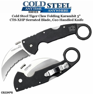  Cold Steel Knives CS22KFS Tiger Claw Folding Karambit 3" CTS-XHP Serrated Blade, G10 Handles