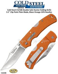 Cold Steel Knives CS23JB Double Safe Hunter Folding Knife 3.5" Clip Point Plain Blade, Blaze Orange GFN Handles  