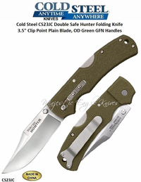 Cold Steel Knives CS23JC Double Safe Hunter Folding Knife 3.5" Clip Point Plain Blade, OD Green GFN Handles  