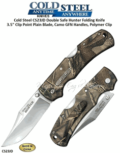 Cold Steel Knives CS23JD Double Safe Hunter Folding Knife 3.5" Clip Point Plain Blade, Camo GFN Handles, Polymer Clip  