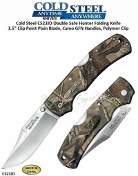 Cold Steel Knives CS23JD Double Safe Hunter Folding Knife 3.5" Clip Point Plain Blade, Camo GFN Handles, Polymer Clip  