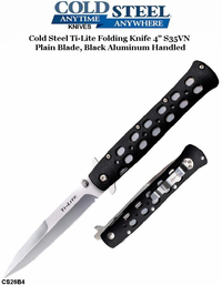  Cold Steel Knives CS26B4 Ti-Lite Folding Knife 4" S35VN Plain Blade, Black Aluminum Handles