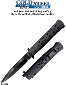  Cold Steel Knives CS26C4 Ti-Lite Folding Knife 4" S35VN Plain Blade, Black G10 Handles