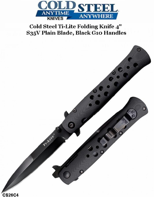  Cold Steel Knives CS26C4 Ti-Lite Folding Knife 4" S35VN Plain Blade, Black G10 Handles